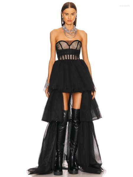 Freizeitkleider Luxus-Designer Schwarz Zweiteiliges Partykleid für Frauen Langarm-Blazer und trägerlose kurze Mesh-Outfits vorne hinten