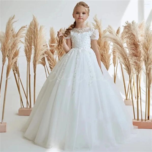 Kız elbise çiçek elbise beyaz kabarık tül dantel boncuklu kısa kollu düğün zarif çöp çocuk ilk cemaat parti