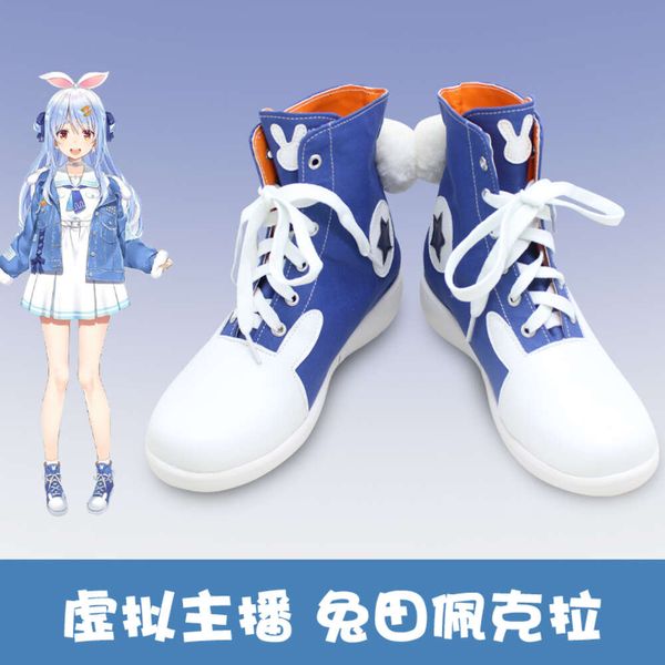 Anime Vtuber Hololive Usada Pekora Scarpe Stivali bianchi blu su misura Accessori cosplay per feste di carnevale di Halloween