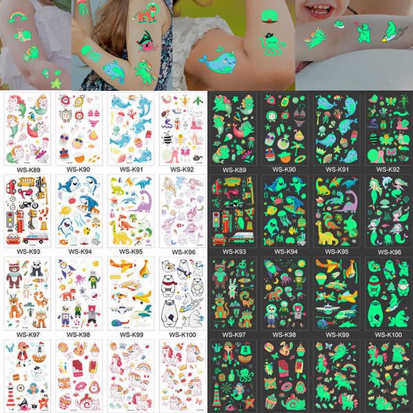 5 STÜCK Temporäre Tattoos Tattoo-Aufkleber Leuchtendes Kind Temporäre Fake Tattoos Glow Paste auf Gesicht Arm Bein für Body Art Mermaid Sticker Z0403