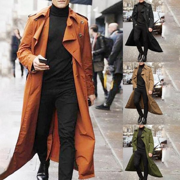 Erkek trençkotları palto vintage uzun çift göğüslü ceket s işletme siyah katı rüzgar kırma dış giyim 230404