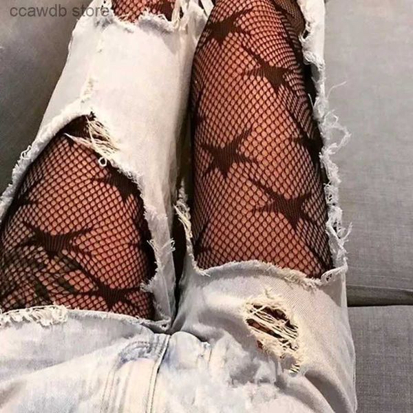 Socken Strumpfwaren Mode Cool Star Gedruckt Fischnetz Strumpfhosen Erotische Aushöhlen Sexy Mesh Strumpfhosen Punk Muster Strumpfhosen Schwarze Frauen Enge Dessous T231104