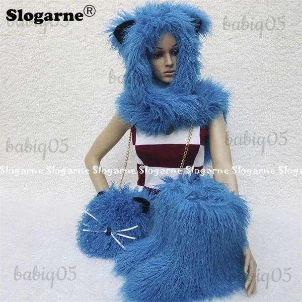 Donne Faux Fashion Sets Inverno Mongolia Pecora Stivali da neve Borsa borse Berretto di pelliccia cappelli Peluche caldo soffice fascia per capelli Cappelli da sci T231104