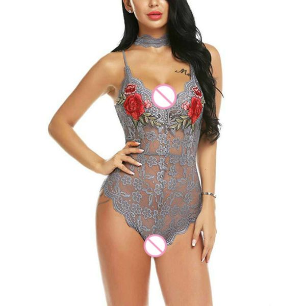 Sexy traje feminino exótico sexy malha lingerie transparente renda bodysuit erótico catsuit pornô bordado rosa tecido impresso ver através bodycon