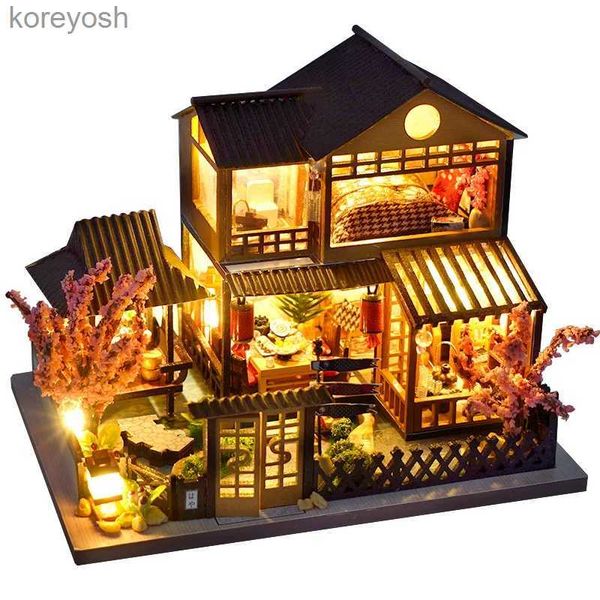 Cozinhas jogar comida diy casa de bonecas de madeira casas de boneca em miniatura kit de móveis led brinquedos para crianças presente aniversário l231104