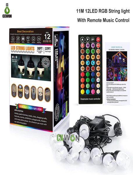 Corda de luz rgb de 37 pés, 16 cores que mudam ao ar livre, 12 led reguláveis, cordas de luzes, sincronização com música, decoração, iluminação para jardim2869202