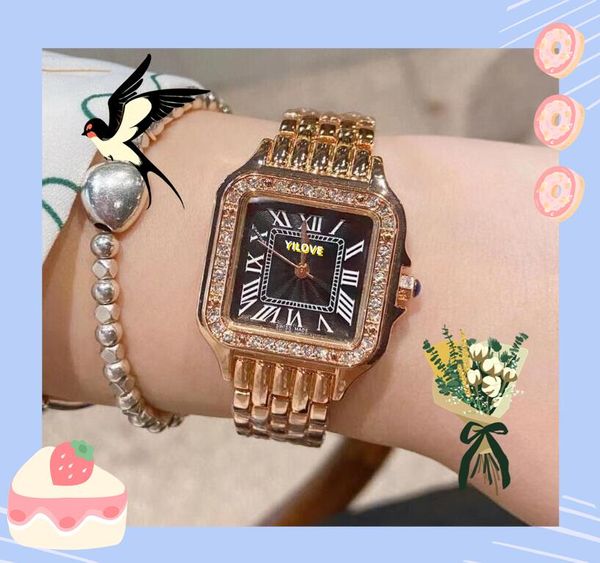 Relógio feminino da série Roman Tank, pulseira de aço inoxidável, ouro rosa, caixa de prata, data automática, relógio de quartzo, rosto quadrado, anel de diamantes, relógios montre de luxo, presentes