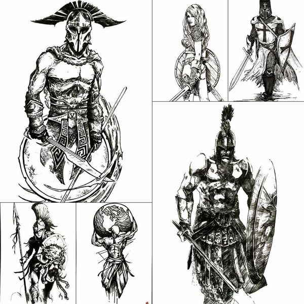 5 STÜCK Temporäre Tattoos Große Coole Spartan Warrior Temporäre Tattoos Für Männer Jungen Alten Gladiator Gefälschte Wasserdichte Big Arm Tattoo Aufkleber Ares Mars Z0403