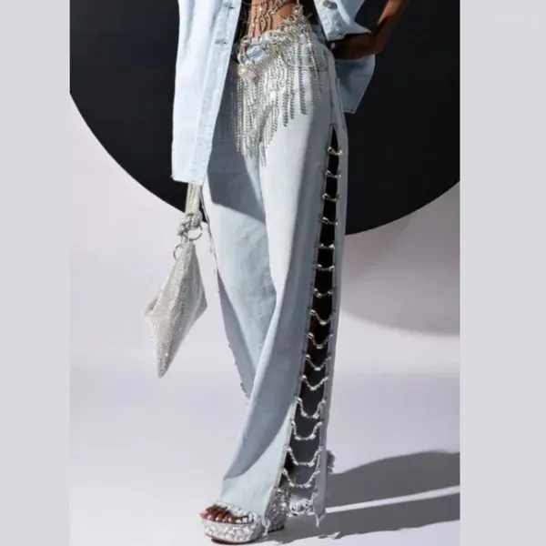 Frauen Jeans 2023 Diamant Kette Niedrige Taille Sommer Design Seite Split Casual Lose Gerade Hosen Spicy Girl Dünne Baggy