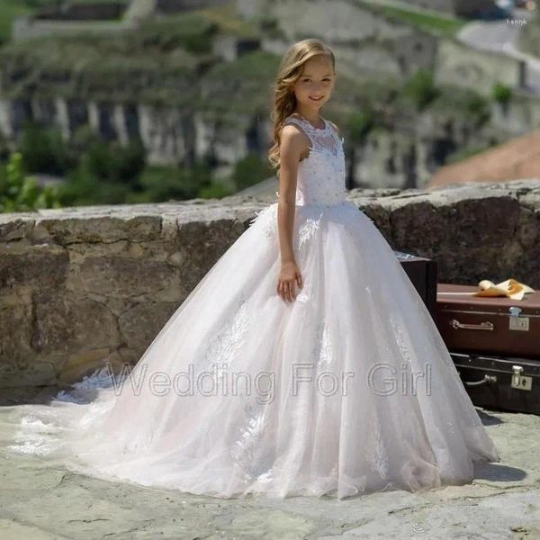 Abiti da ragazza Principessa Fiore di pizzo bianco Tulle Puffy Prima Comunione Festa di compleanno Abiti da concorso di bellezza per matrimonio