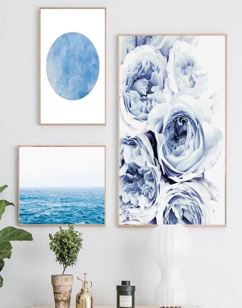 Pôster nórdico azul oceano, pintura em tela, flor, impressão de parede, paisagem, imagem moderna, abstrata, arte de parede, decoração de casa 6100990