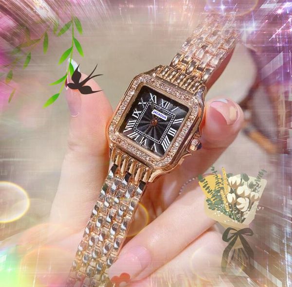 Lovers Square Roman Tank Series Watch Mulheres Completa Banda de Aço Inoxidável Quartzo Ultra Fino Highend Diamantes Anel Rosa Ouro Prata Relógio de Pulso Presentes