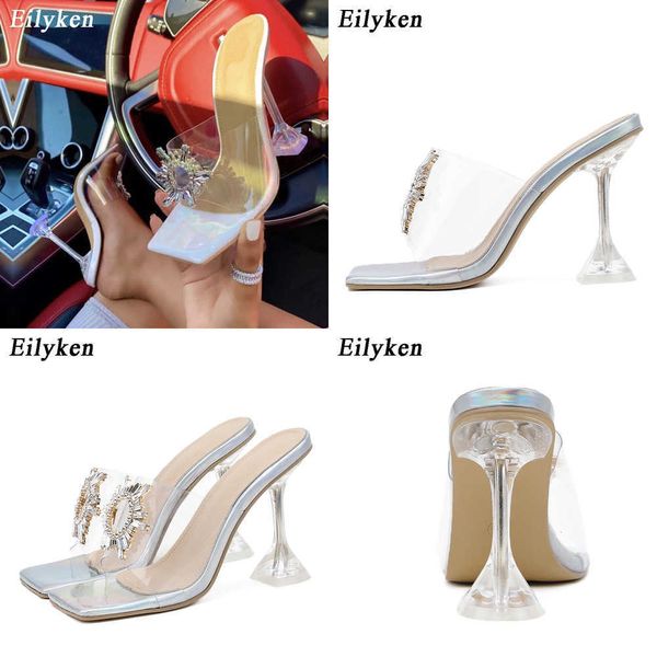Sandali in PVC trasparente cristallo sole fiori fibbia pantofole da donna estate punta quadrata signore strani sandali con tacco alto scarpe 230316