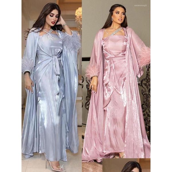 Abbigliamento etnico Marocco Abito musulmano 3 pezzi Set Abaya Caftani Abiti da sera in piume Donna Dubai Turchia Islam Abito lungo Femme Drop Dh6Xo