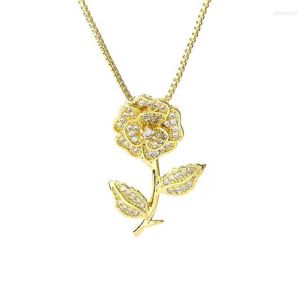 Anhänger Halsketten Messing Blume Zirkon Rose Halskette Frauen Box Kette Schmuck Großhandel