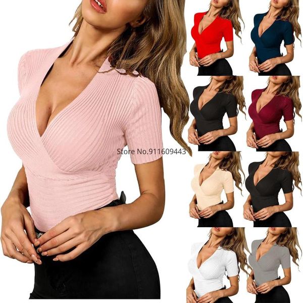 Camicie da donna 2023 estate da donna a coste a v-torce sexy slim fit colori solidi colori a maniche corte maglietta maglietta magro