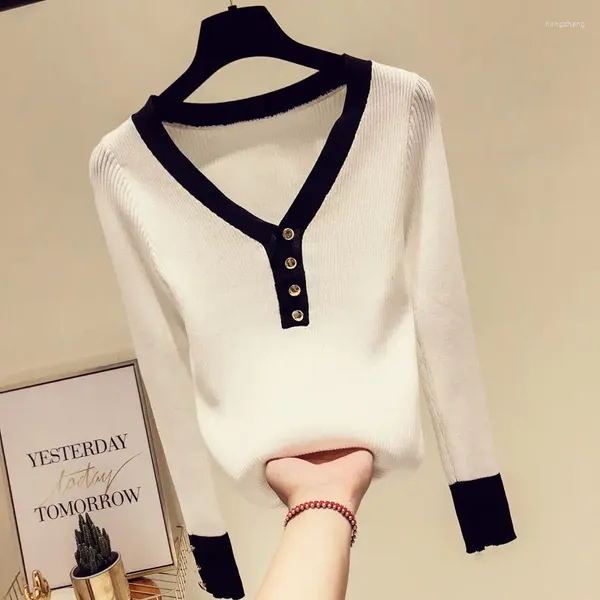 Maglioni da donna Cappotto lavorato a maglia bianco Pullover con bottoni Colletto a V basso T-shirt maglione da donna per ragazza Tirare la parte superiore sottile della camicia di stoffa