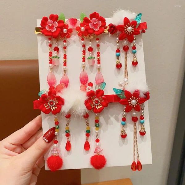 Acessórios de cabelo de pelúcia crianças vermelho hairpin flor bonito borla hanfu varas menina bowknot estilo antigo meninas