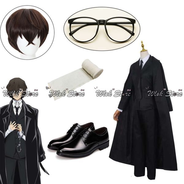 Cosplay dazai osamu peruca e traje conjunto completo uniforme terno bungou cães vadios cosplay casaco feito sob encomenda sapatos de couro óculos adereços