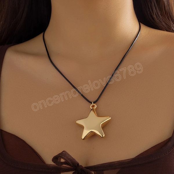 Casco de cera de cera de couro preto colar de pendente de estrela grande para joalheria de gargantilha de cadeia de colarinho feminina