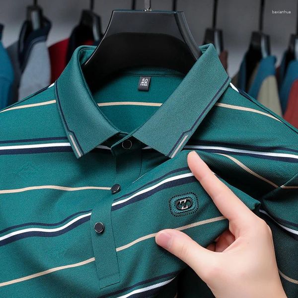 Erkek Polos Markası Uzun Kollu Buz İpek Polo Gömlek 2023 Sonbahar Yüksek Son Exquisit Exquisit Exquiting Business Casual Fashion Stripe T-Shirt