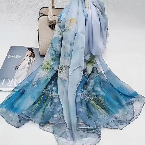 Cachecóis BYSIFA | Lenço de seda natural azul outono inverno padrão floral chiffon xales longos verão praia xale marca