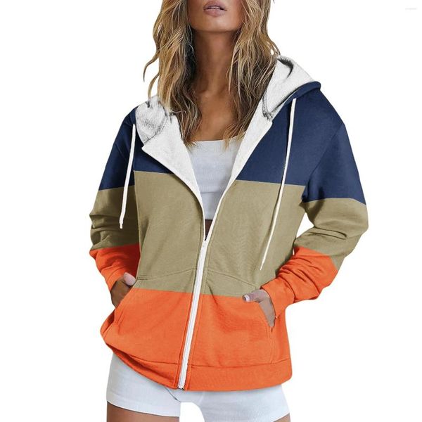 Hoodies femininos bloco de cores impresso ponto moletom com capuz inverno velo forrado quente zip up harajuku jaquetas casacos mão mais quente casuas