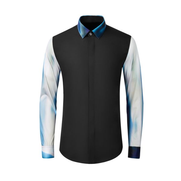 Nuovo arrivo di alta qualità autunno inverno camicia a maniche patchwork blu tinto inchiostro Pretty Boy colore contrasto moda abbigliamento uomo taglia 4XL