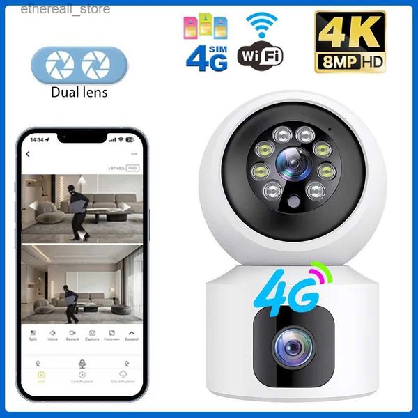 Радионяни Камера безопасности 360° Wi-Fi 4G Камера с SIM-картой 4K Камеры видеонаблюдения IP-камера Двойной объектив Защита дома 8MP Наблюдение Радионяня Q231104