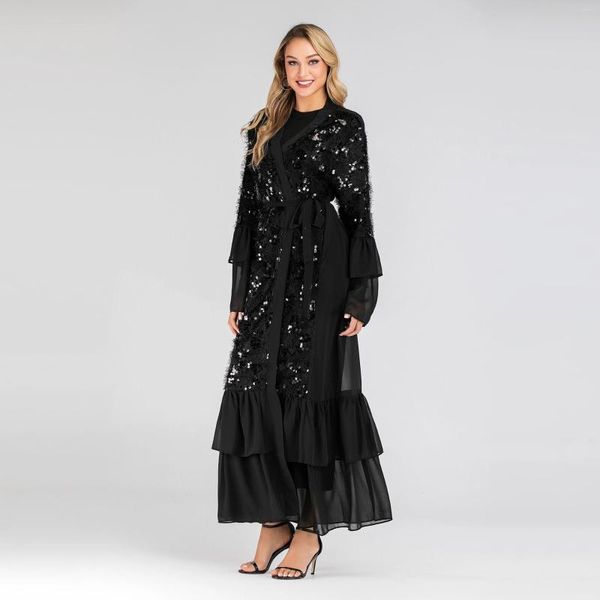Ethnische Kleidung Dubai Muslim Abaya Frauen Pailletten Flare Sleeve Open Cadigan Ruffle Kimono Jubah Long Robe Kaftan Islamic Elbise Abayas