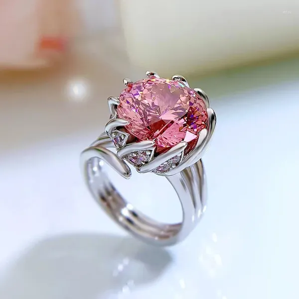 Anelli a grappolo Primavera Qiaoer Argento sterling 925 7.5CT Fiore tagliato Lab Zaffiro rosa Diamanti ad alto tenore di carbonio Anello nuziale Gioielleria raffinata