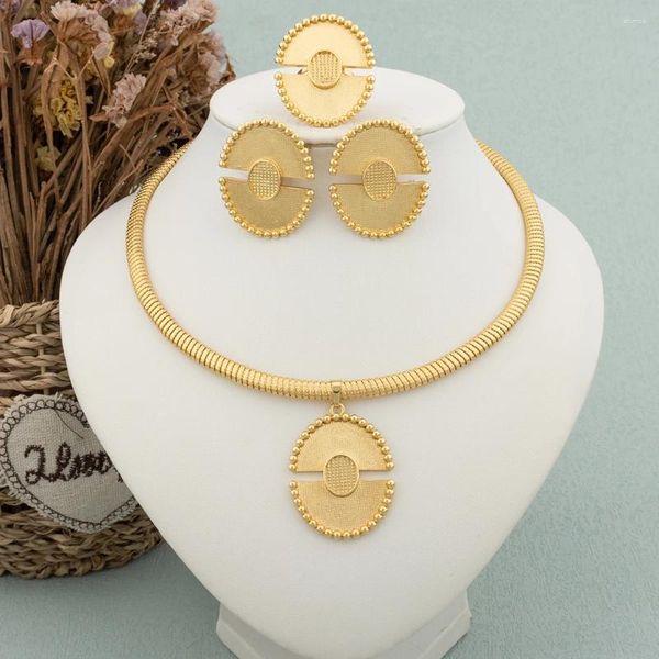 Collana Orecchini Set Gioielli Per Donna Anello Color Oro Ciondolo Rotondo Di Lusso Design Semplice Moda Classica