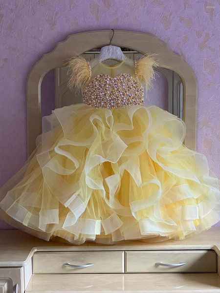 Abiti da ragazza Abito a fiori in tulle per matrimoni Festa serale Spettacolo Prima comunione Principessa Bambini Maniche illusione Abito da ballo a strati gonfi