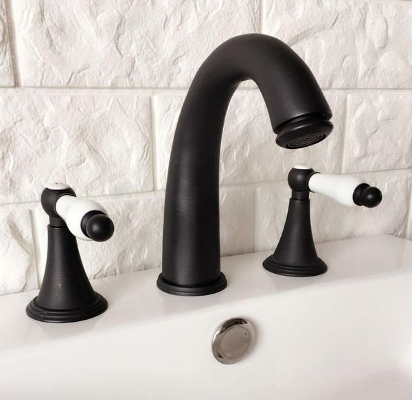 Rubinetti per lavandino del bagno Rubinetto per lavabo diffuso in ottone nero con doppia leva in ceramica e rubinetto per acqua fredda a tre fori montato su piattaforma Dhg057