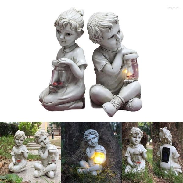 Decorações de jardim estátuas solares ao ar livre crianças menino menina estátua escultura decoração meninos meninas para