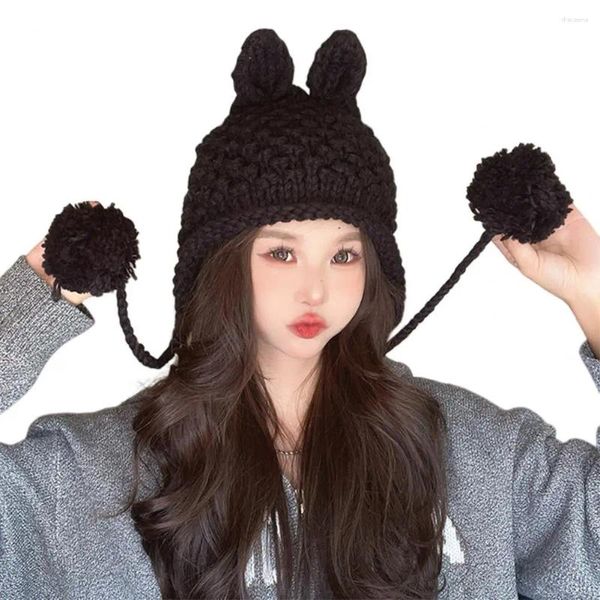 Berretti Cappello con cappuccio monopezzo Caldo e accogliente inverno da donna con decorazioni in palla di peluche Design dell'orecchio del fumetto Morbido elastico antiscivolo per