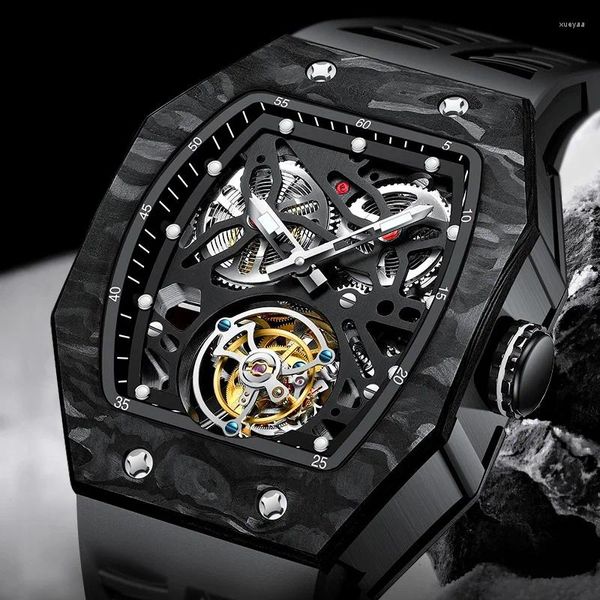 Armbanduhren Aesop Square Männer Fliegende Tourbillon Mechanische Uhr Für Skeleton Carbon Fiber Lünette Luxus Leuchtend