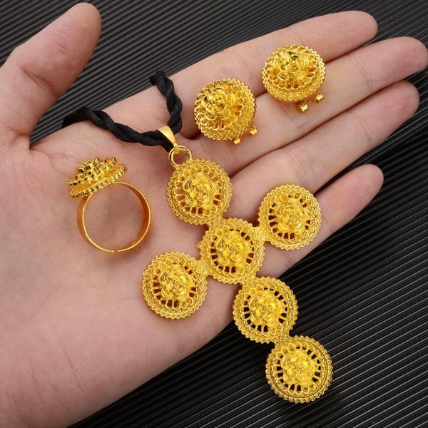 Halskette Ohrringe Set Afrika Kreuz Schmuck für Frauen Blume Anhänger Ring äthiopisch afrikanische Kette Goldfarbe Party GeschenkOhrringe