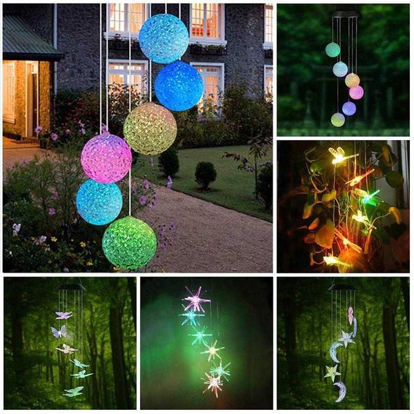 Novità Illuminazione 14 tipi di carillon di vento solare Luce esterna LED Cambia colore Spirale Lanterna a sospensione Giardino Fata Luce notturna Decorazioni per la casa P230403