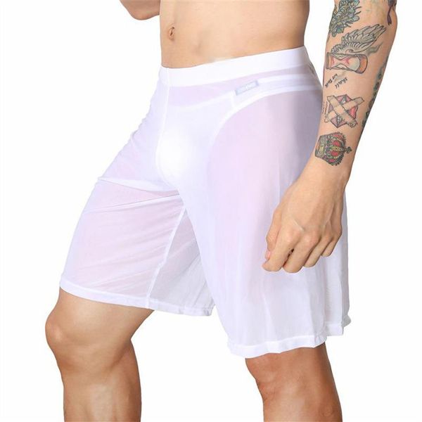 Mutande Boxer da uomo Intimo sexy Maglia pantaloni da notte Pigiama lungo Gay Sissy Trasparente carino mutandine U Pouch White156v
