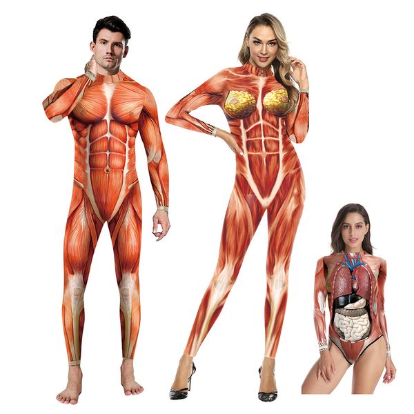 Fantasia de tema Halloween 3d Party Muscle Print Levesuit Elastic Human Anatomy Role Tight Rouped Rap 230404