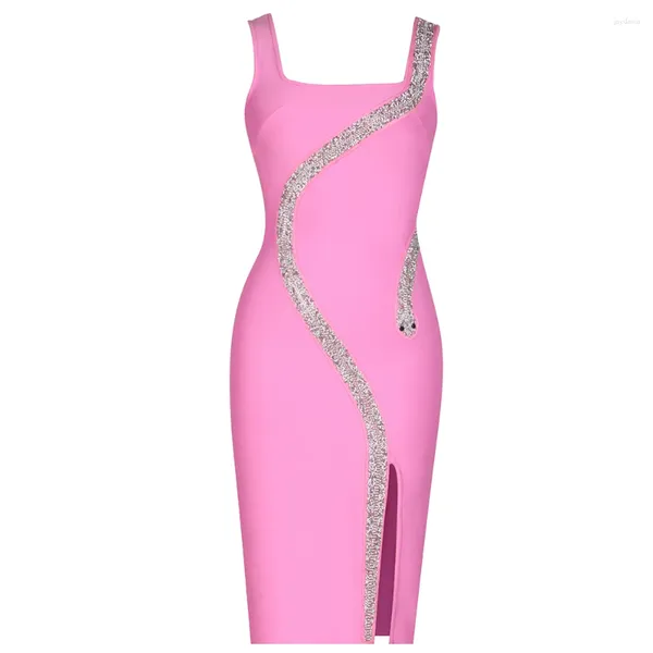 Casual Kleider Frauen Schlange Totem Kristall Verband Midi Kleid Sexy Perlen Sommer Ärmellose Kleidung Club Party Cocktail Promi