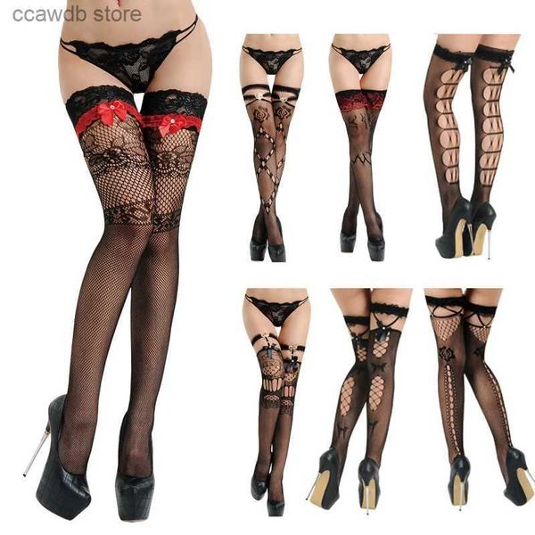 Meias Meias Sexy Lingerie Mulheres Sexy Fishnet Meias Sheer Lace Top Coxa Meias Altas Moda Meias Pretas Senhoras Femininas Meias T231104