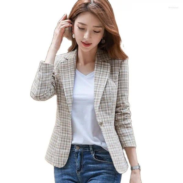 Ternos femininos feminino elegante xadrez blazer manga longa único botão fino verificado casaco formal escritório trabalho jaqueta outerwear rosa azul 2023