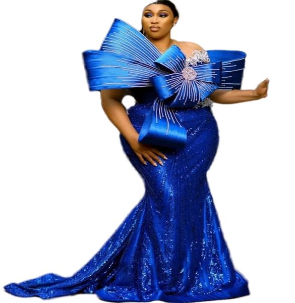 2023 Arabo Aso Ebi Royal Blue Sirena Abito da ballo con perline Cristalli Abiti da sera Collo trasparente Compleanno Fidanzamento Secondo abito Abito da donna Abiti formali WD046