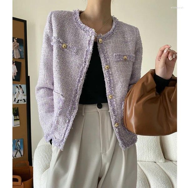 Giacche da donna Autunno Giacca corta imbottita con spalle in lana 20% Cappotto monopetto da donna con nappa viola chiaro e fibbia dorata