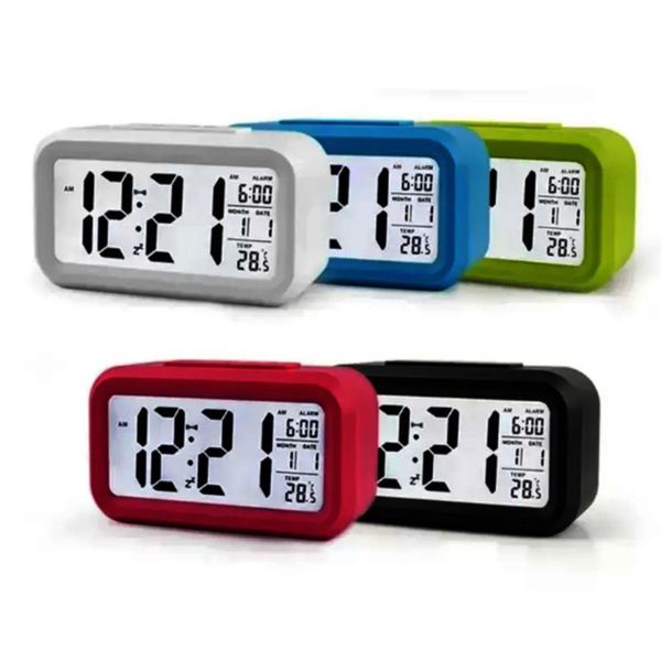 5 cores de plástico mudo despertador lcd temperatura inteligente bonito fotossensível cabeceira digital despertadores snooze nightlight calendário