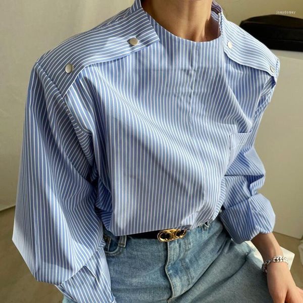 Damen Polos Koreanisch Chic Minderheit Stehkragen Metallknopf Zierleiste Lose Tasche Laterne Ärmel Gestreiftes Hemd Frau