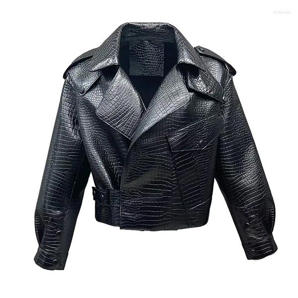 Couro feminino 2023 genuíno jaqueta de pele carneiro moda crocodilo padrão casaco senhora oversize moto biker roupas s7547a