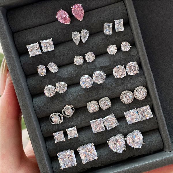 6–10 mm Diamant-Designer-Ohrring für Damen, 925er Sterlingsilber, weiß, rosa, 5A, Zirkonia, quadratisch, rund, Herz-Rückseite, Ohrstecker, Schmuck, Ohrringe, Damen, Party, Freundin, Mädchen, Geschenkbox